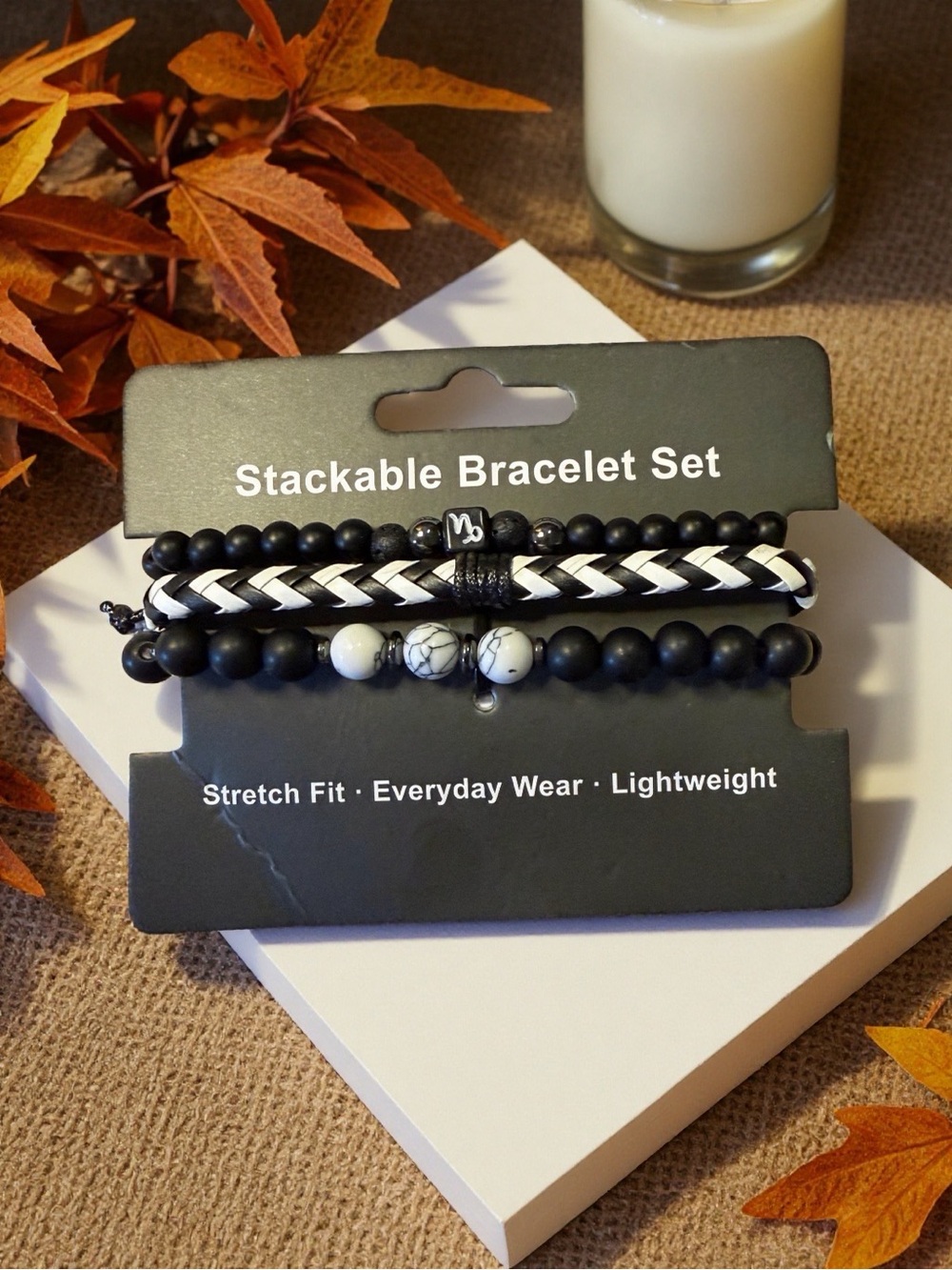 Black Stackable Beaded Bracelet Set Faux Leather Stretch No Clasp Round Beads